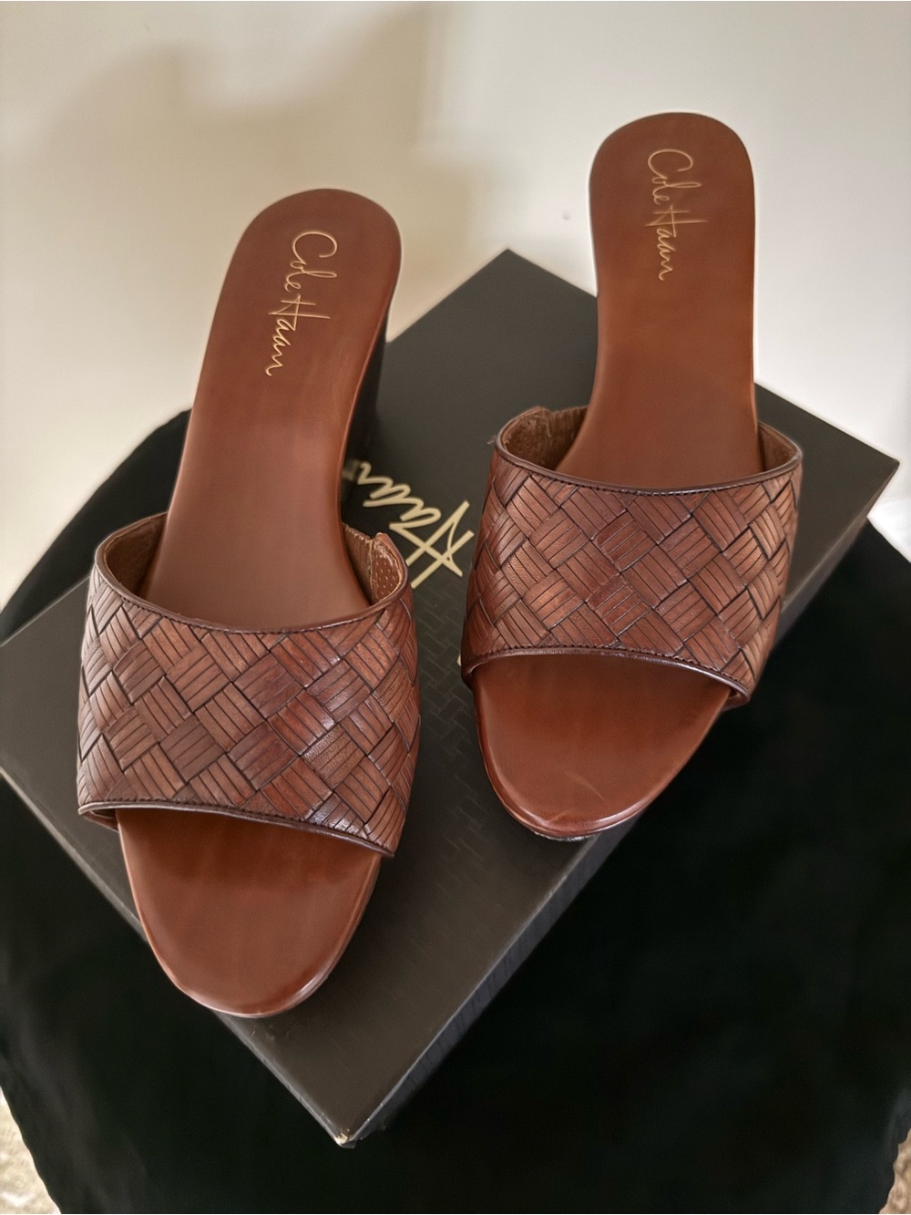 Cole Haan Brown Woven Leather Slide Sandals